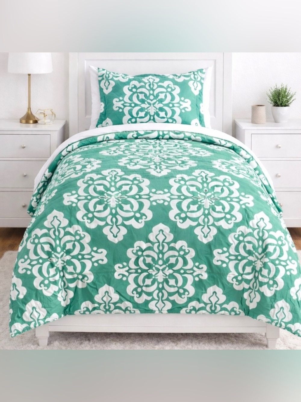 NWT Pottery Barn twin size Ikat Medallion Duvet Cover green white Boho